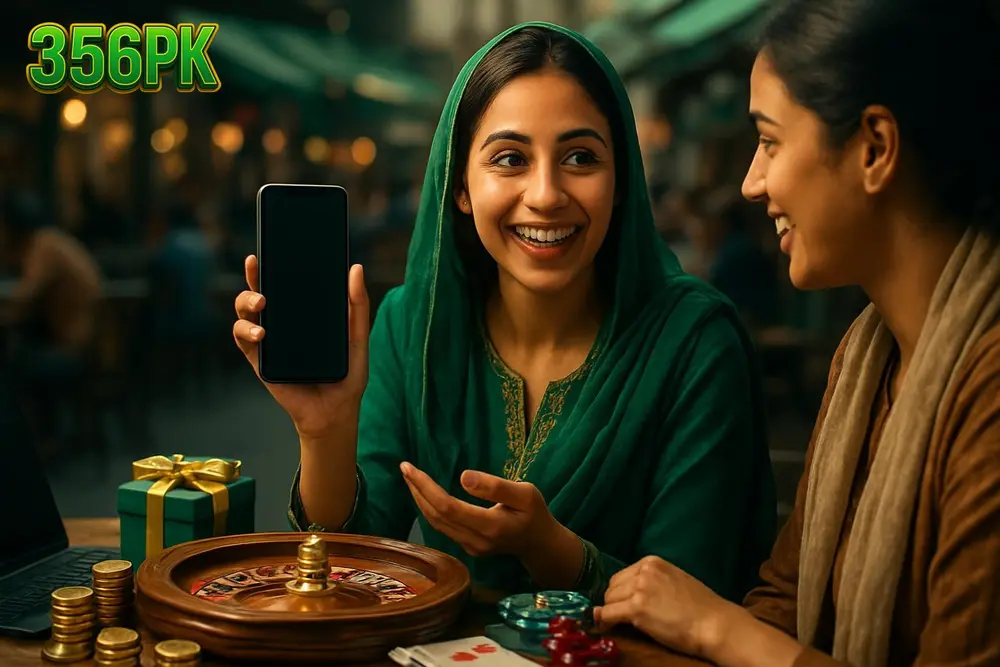 356PK Download APK โ a Pakistani woman showing her phone screen excitedly to a friend while sitting in a busy market 356PK Download APK โ a Pakistani woman showing her phone screen excitedly to a friend while sitting in a busy market