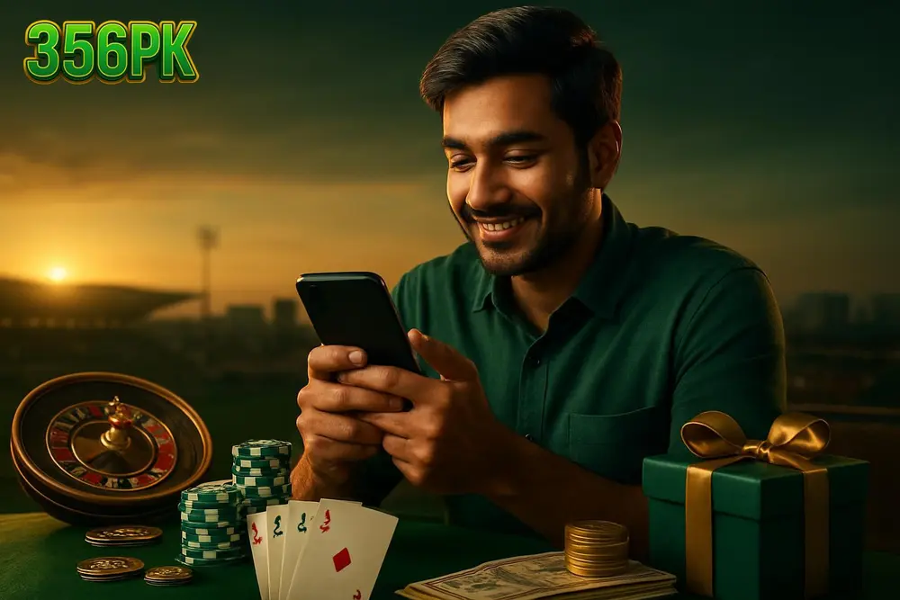 356PK Download APK โ a young Pakistani man sitting on a rooftop at sunset installing an app on his smartphone with a 356PK Download APK โ a young Pakistani man sitting on a rooftop at sunset installing an app on his smartphone with a