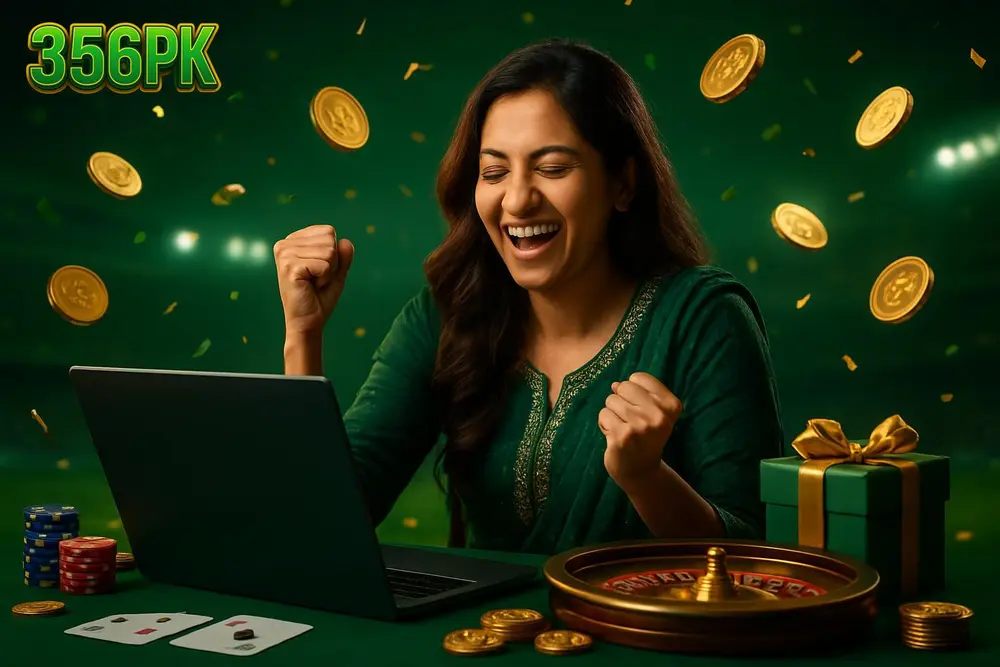 356PK Pakistan โ a Pakistani woman celebrating happily at a table with a laptop, glowing coins and confetti around her 356PK Pakistan โ a Pakistani woman celebrating happily at a table with a laptop, glowing coins and confetti around her