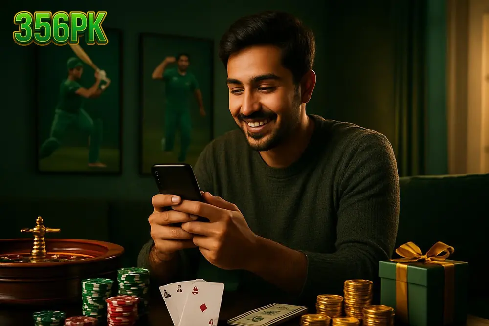 356PK Pakistan โ a young Pakistani man smiling while browsing a gaming app on his phone in a cozy living room with 356PK Pakistan โ a young Pakistani man smiling while browsing a gaming app on his phone in a cozy living room with