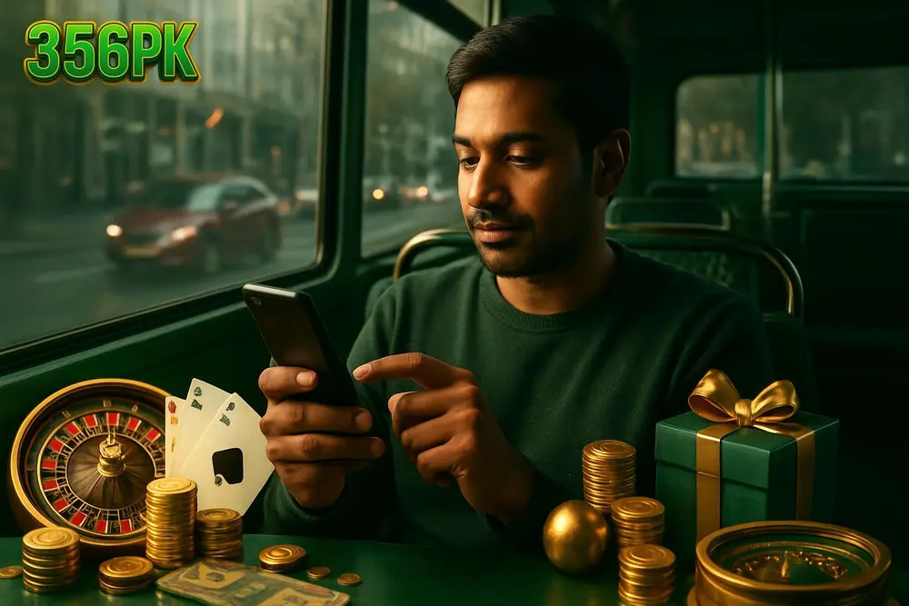 356PK Login — a man unlocking his smartphone screen while sitting on a bus, city street visible through the window