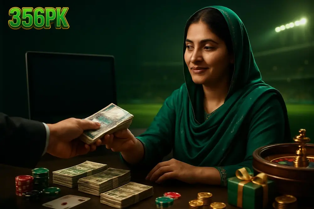 356PK Payment Methods — a Pakistani woman receiving a cash payout at a counter with stacks of local currency notes